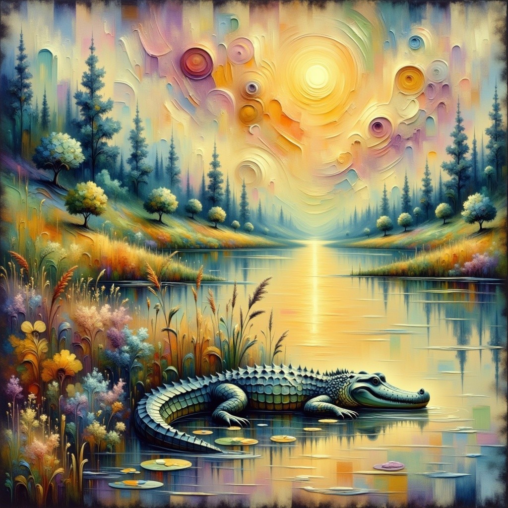 Serene landscape with river, sunset, and alligator