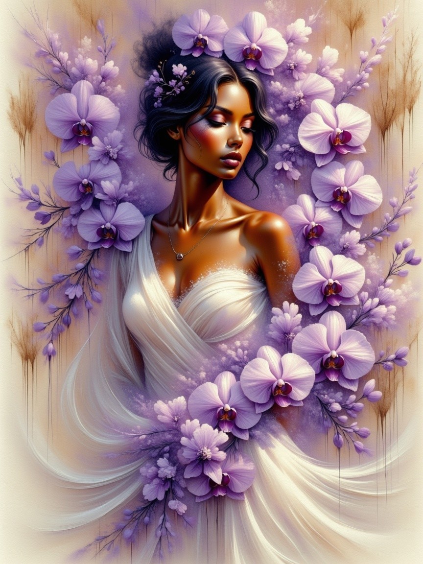 Serene Portrait of Woman with Purple Orchids
