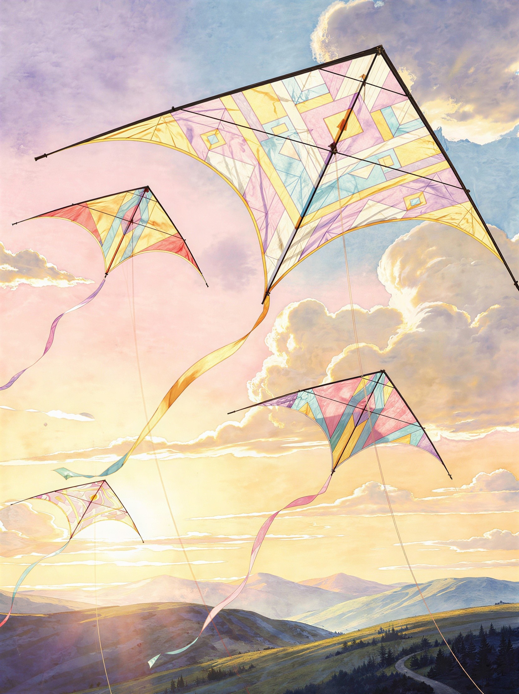 Colorful Kites with Geometric Patterns at Sunset Sky