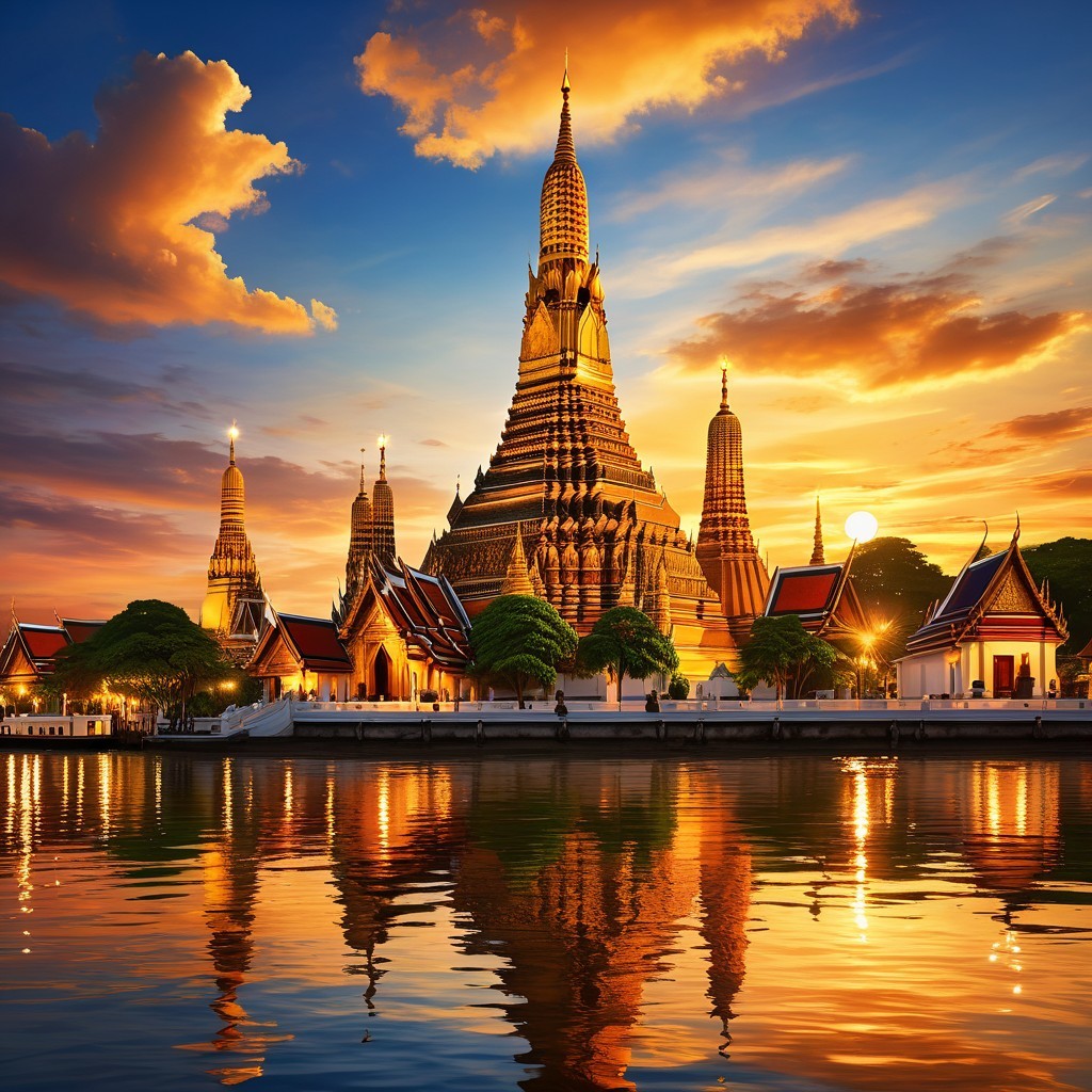 Temple Complex at Sunset with Reflective Waters