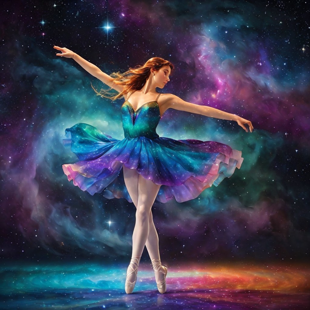 Ballerina Dancing in a Cosmic Colorful Galaxy