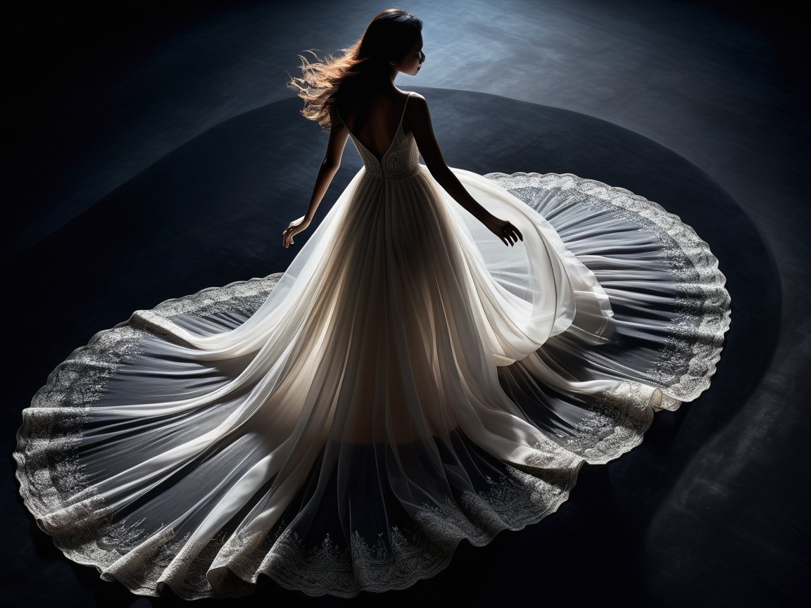 Ethereal figure in flowing gown with lace detailing