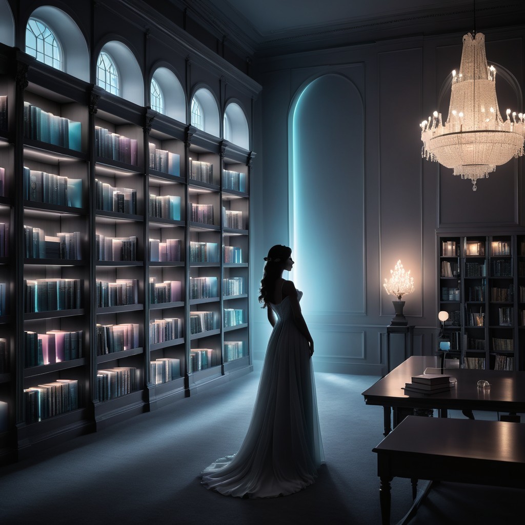 Elegant Figure in White Gown in Dimly Lit Library
