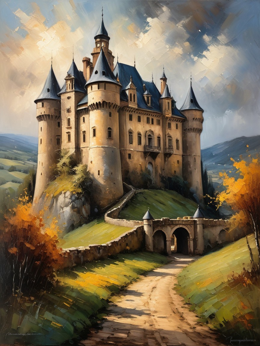 Medieval Castle on Hill with Autumn Landscape