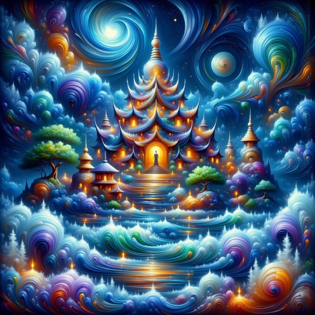 Ethereal Landscape with Colorful Palace and Clouds