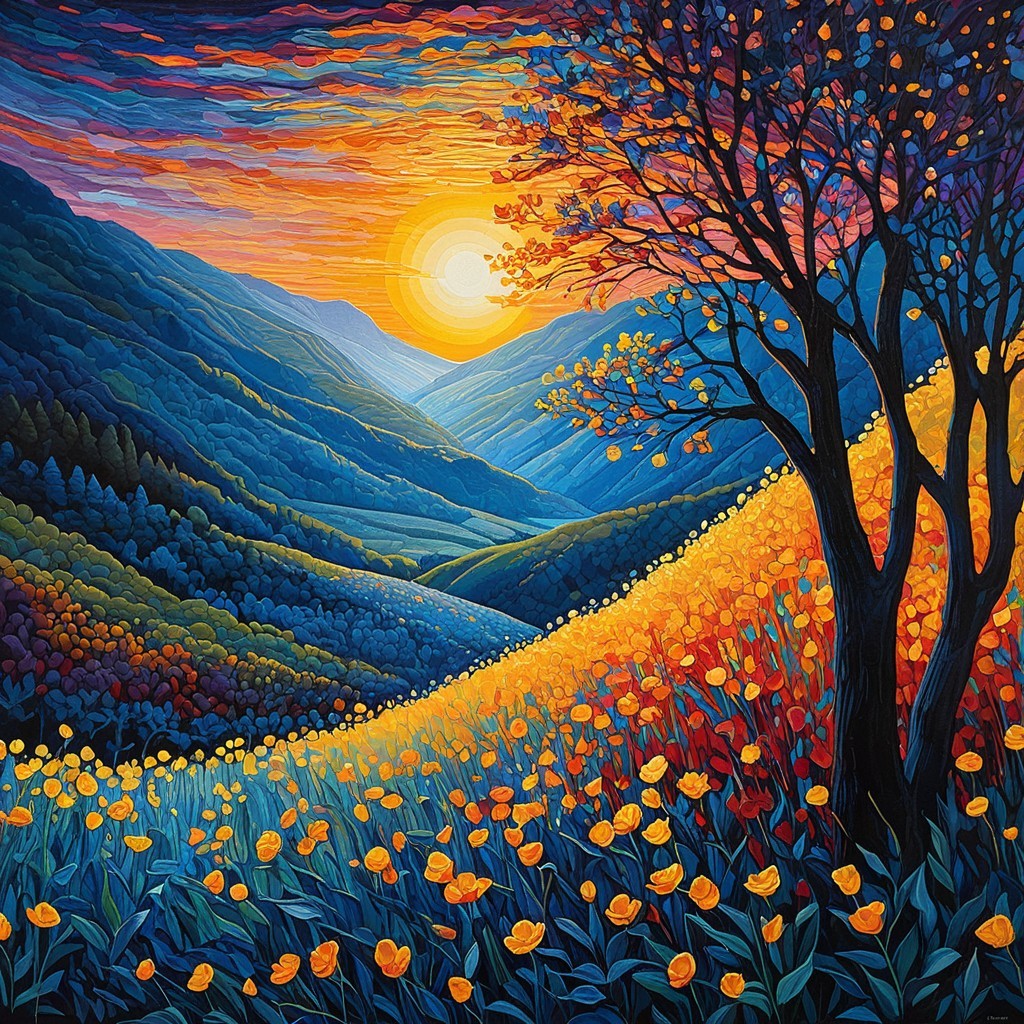 Vibrant Landscape with Mountains and Sunset Sky
