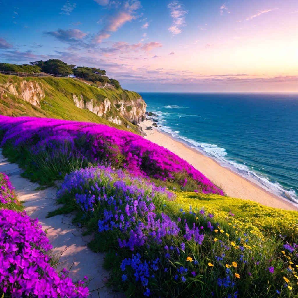 Coastal Landscape with Purple Flowers and Sunset Sky
