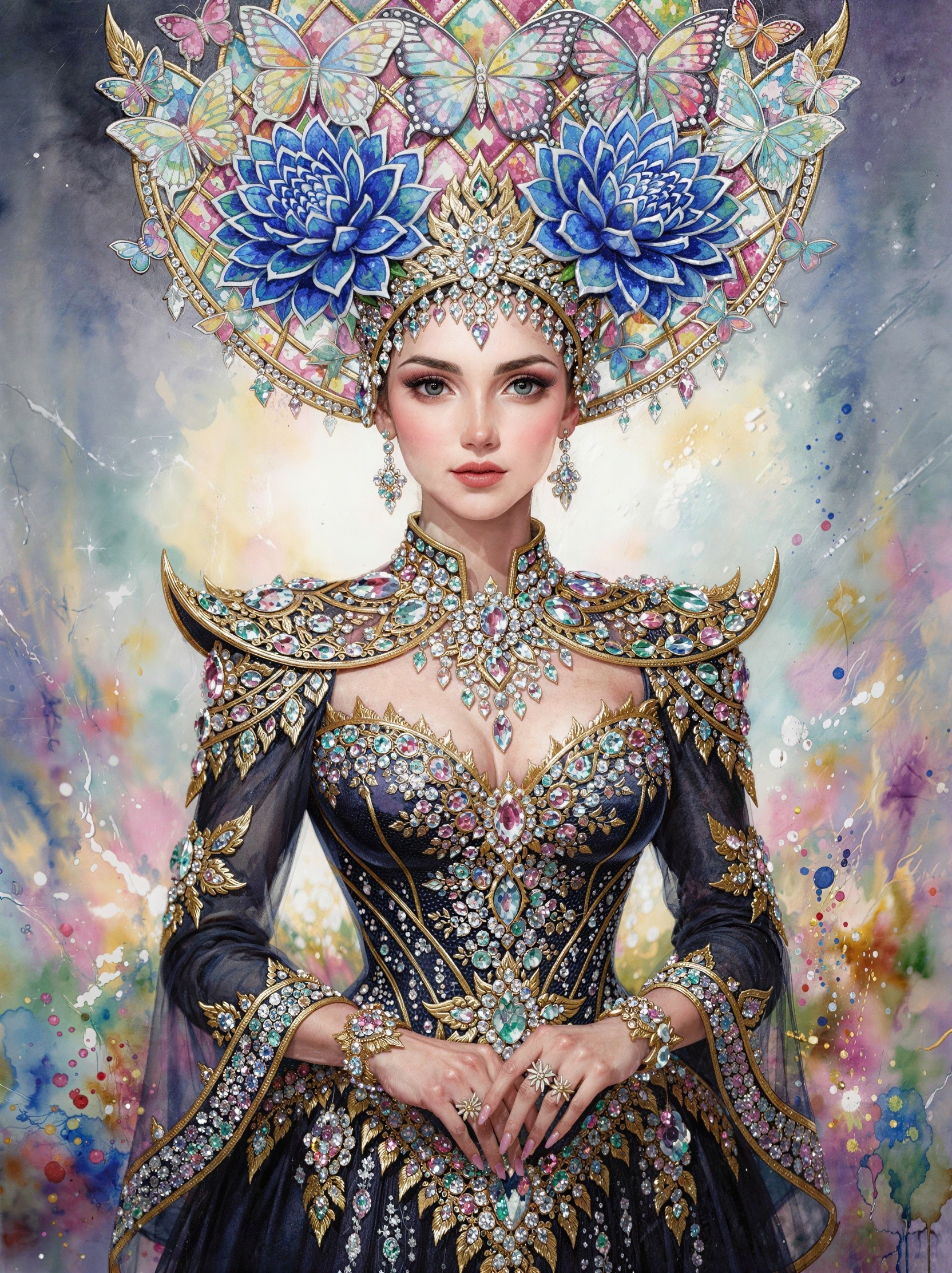 Digital Painting of Woman in Elegant Dress and Crown