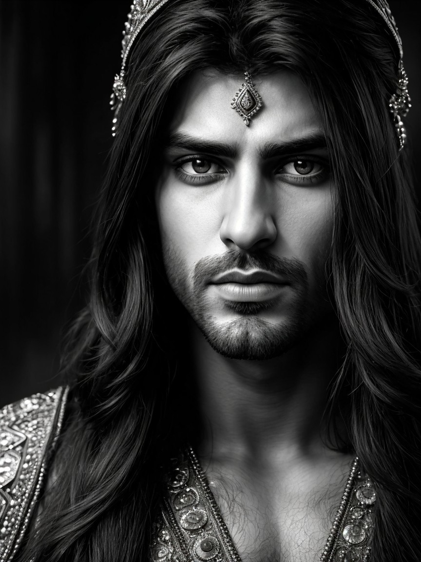 Black and white portrait of a young man in ornate attire