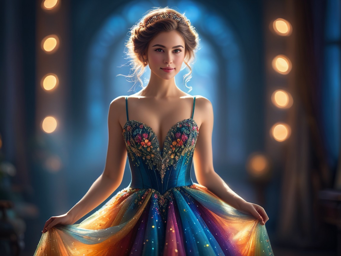 Young woman in vibrant floral gown with soft lighting
