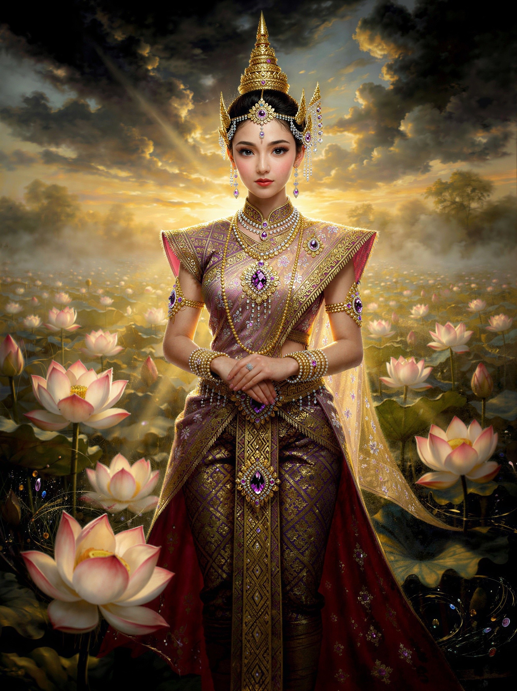 Thai Goddess in Traditional Dress at Lotus Pond