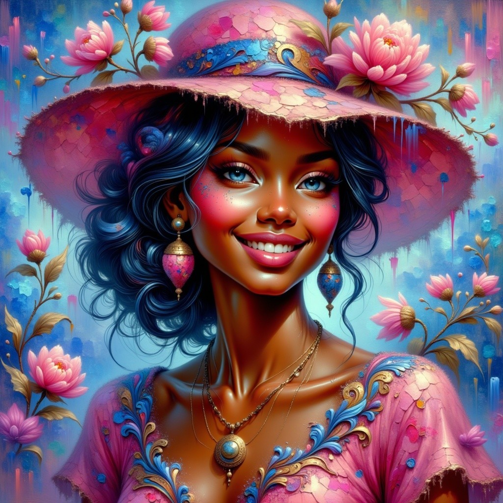 Vibrant Portrait of Woman with Blue Hair and Flowers