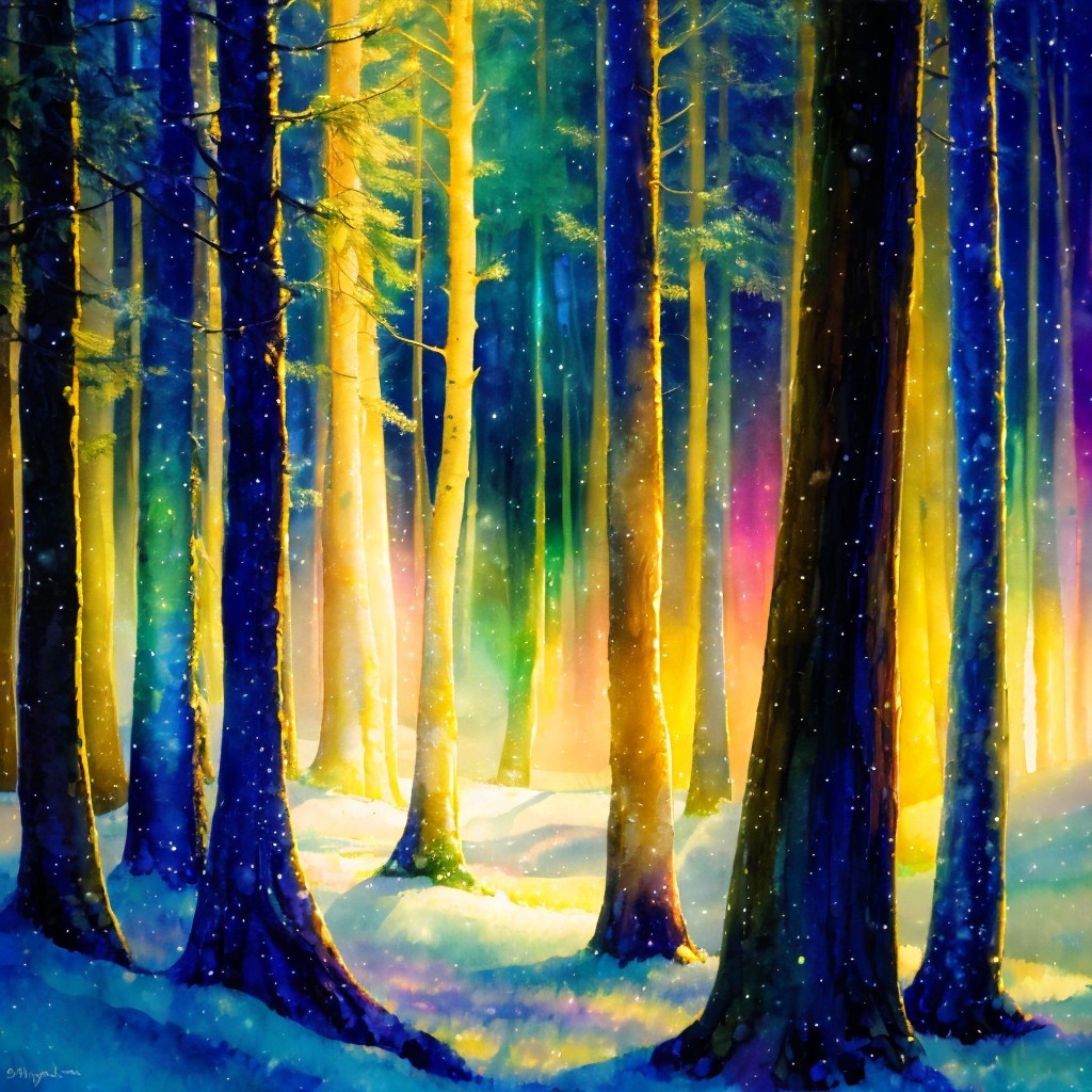 Serene forest scene with vibrant colors and snow