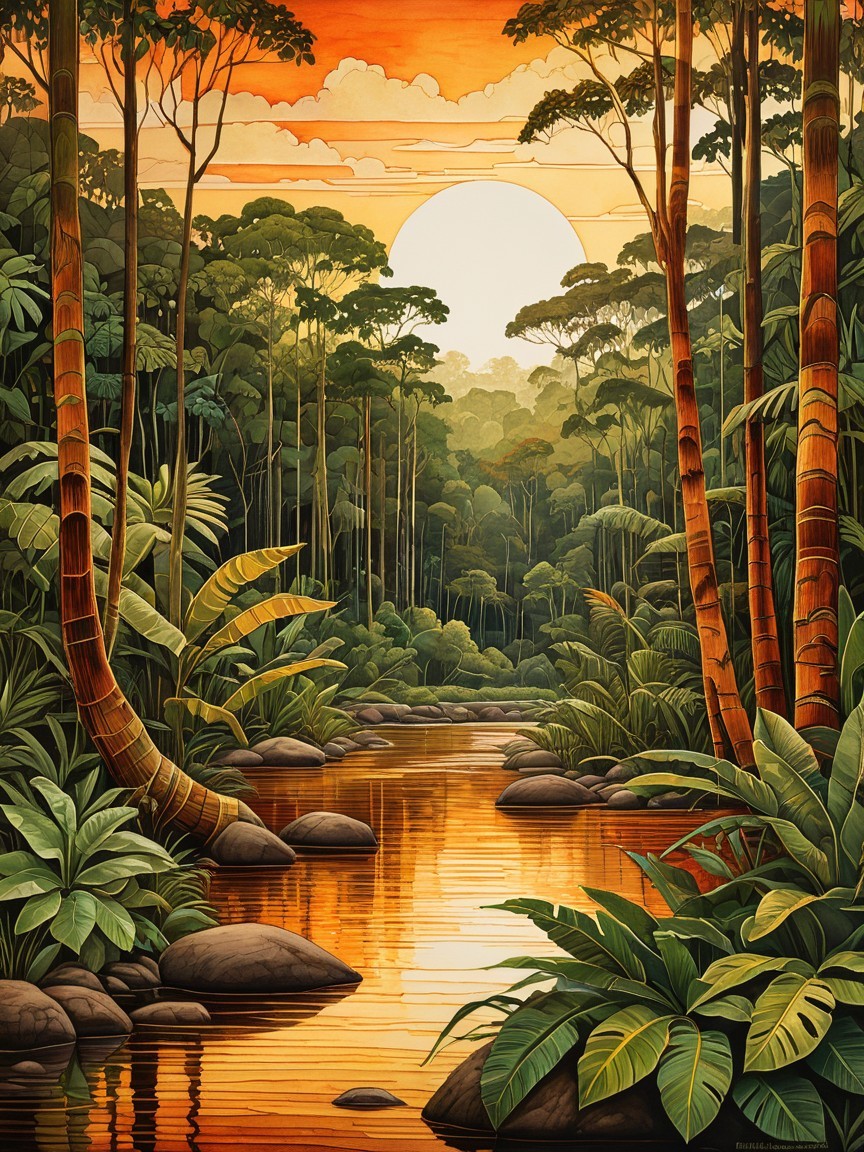 Serene jungle scene at sunset with lush foliage