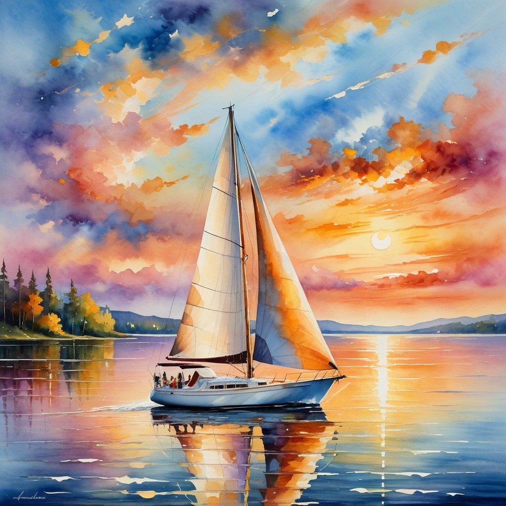 Watercolor of Sailboat at Sunset on Calm Lake