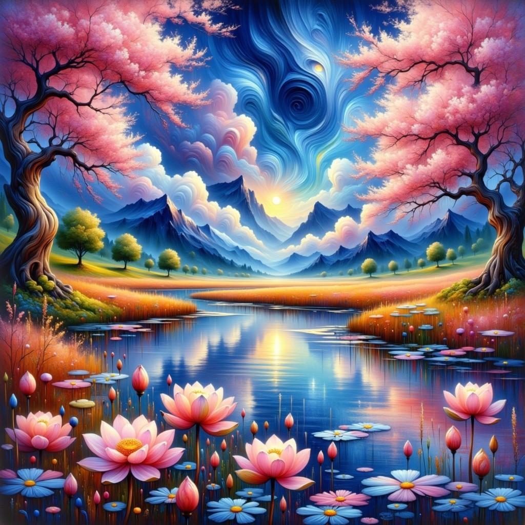 Vibrant Landscape with Mountains and Cherry Blossoms