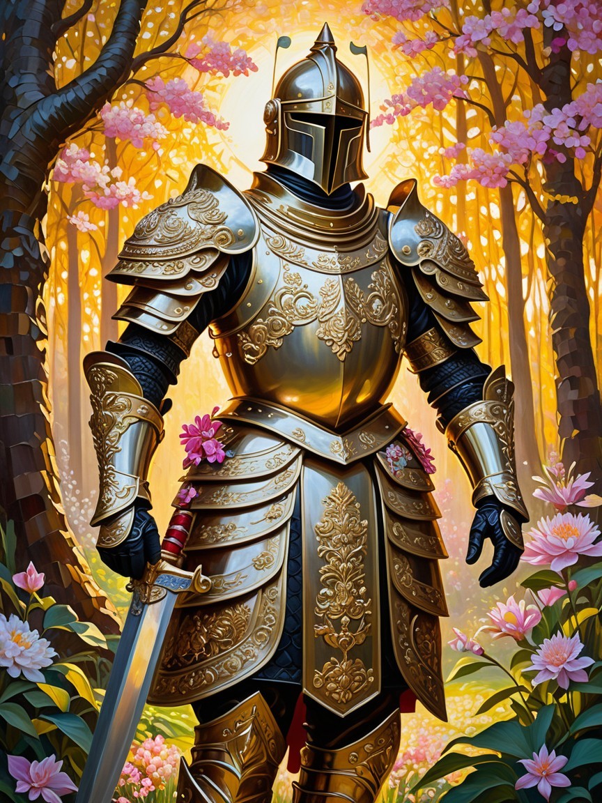 Knight in Ornate Golden Armor in Lush Forest Setting