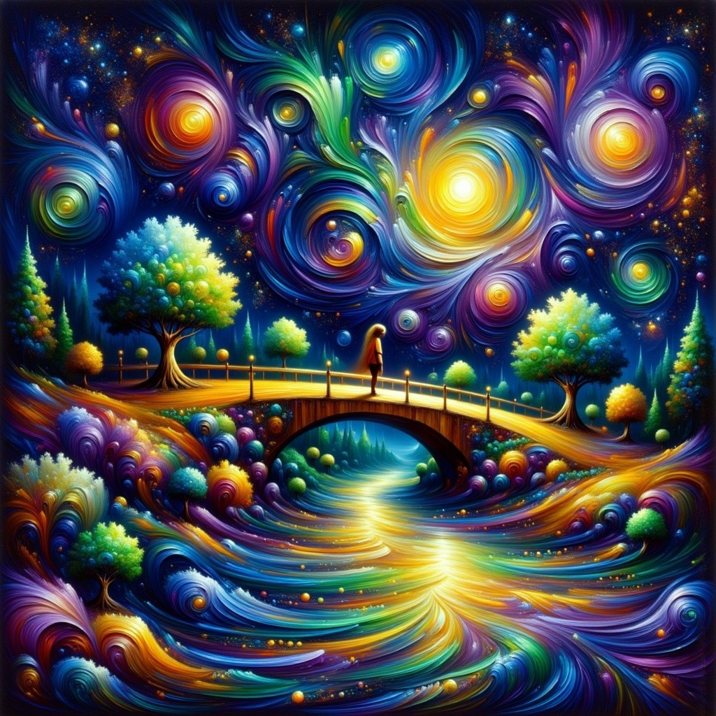 Vibrant Landscape with Bridge and Cosmic Sky