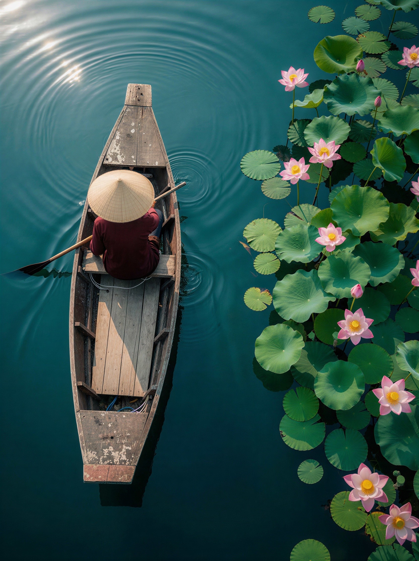 Aerial View of Rowing on Dark Blue Water with Lotus