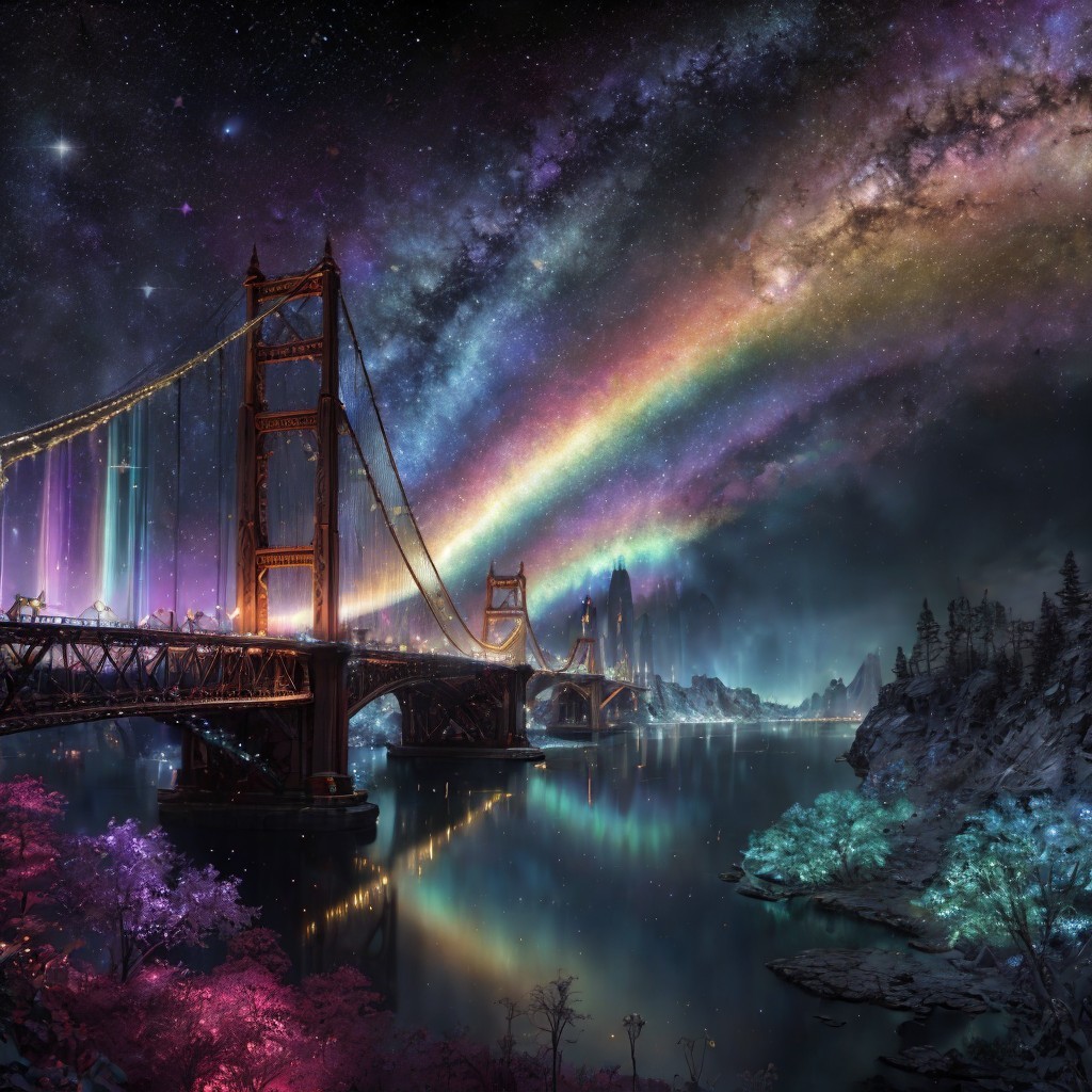 Vibrant Night Scene with Bridge and Starry Sky
