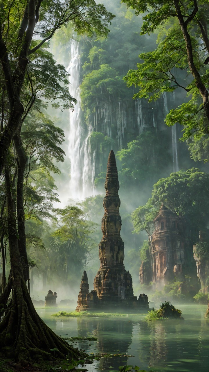 Mystical Landscape with Stone Spire and Waterfall