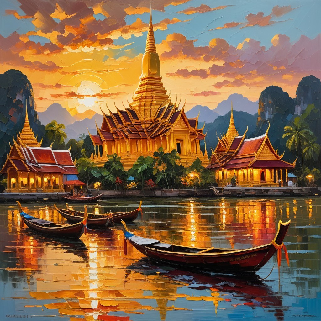 Vibrant Sunset Over Majestic Temple and Serene Waters
