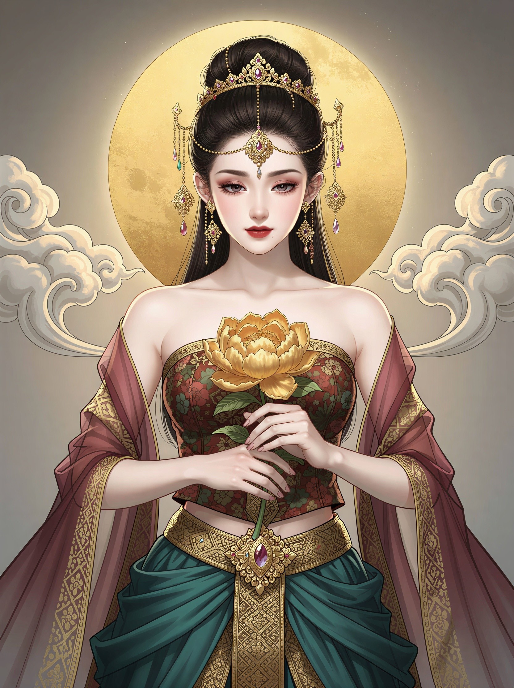 Digital Painting of Asian Woman with Gold Crown and Flower