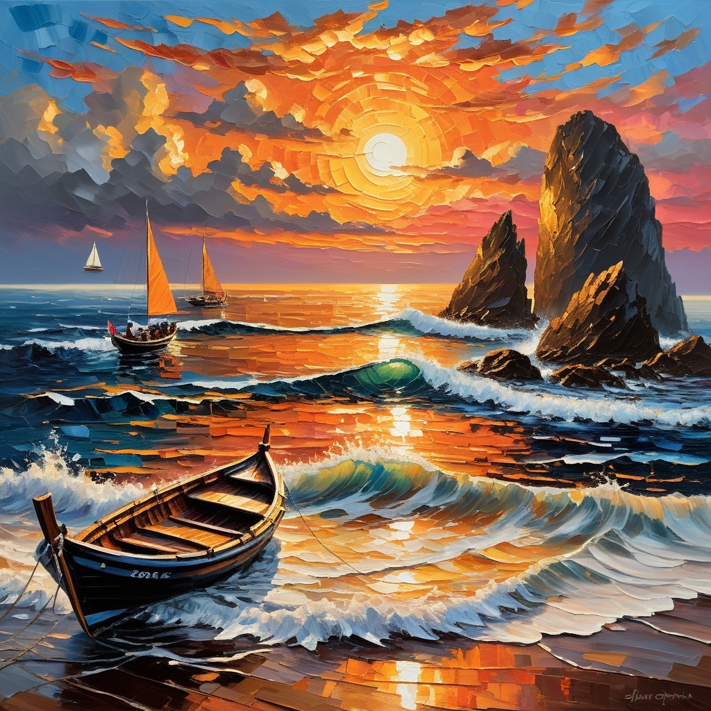 Vibrant Seascape at Sunset with Sailboats and Waves