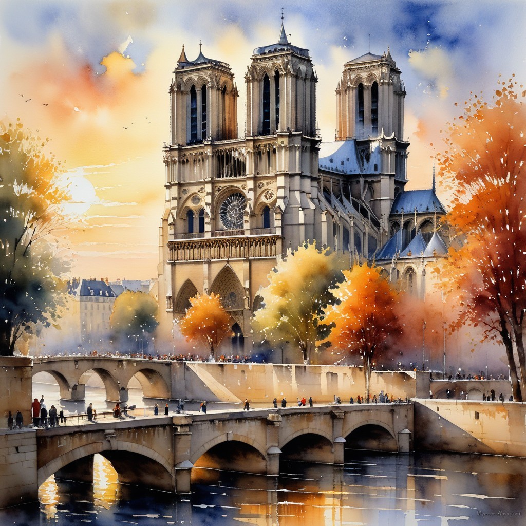 Watercolor Painting of Notre-Dame at Sunset