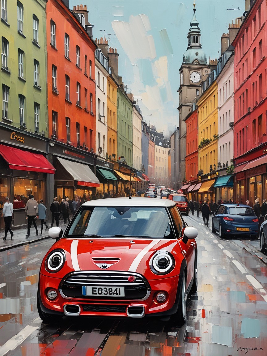 Vibrant Urban Scene with Mini Cooper Rainy Day