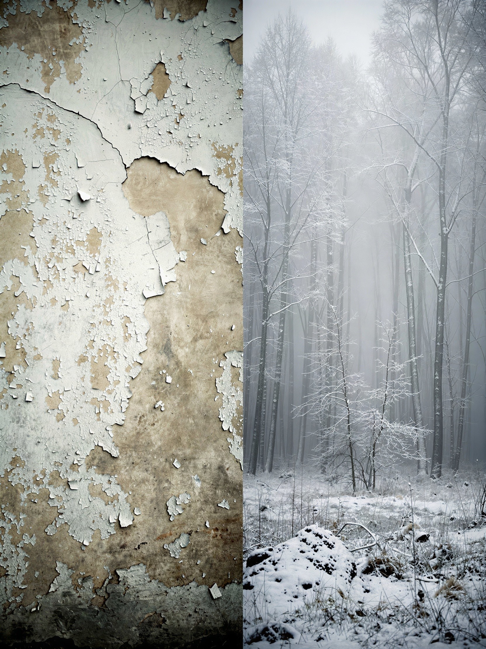 Diptych of Textured Wall and Winter Forest Scene