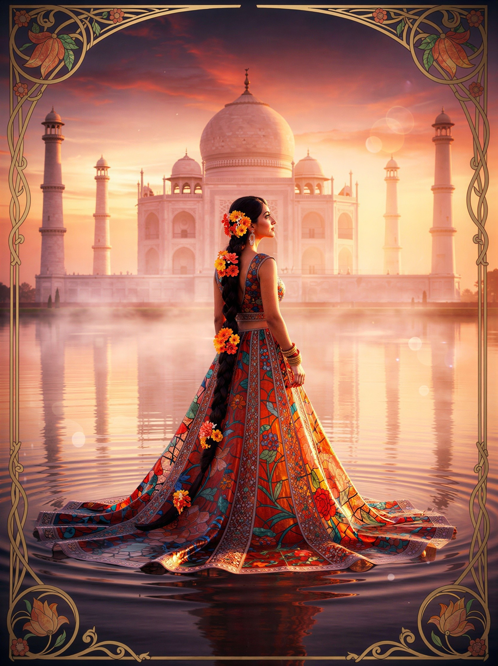 Indian woman in floral attire by misty water and Taj Mahal