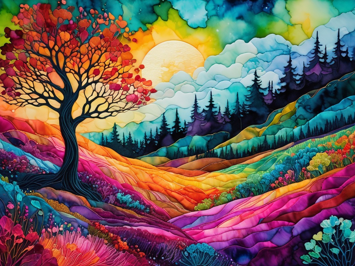 Vibrant Sunset Landscape with Autumn Tree and Wildflowers