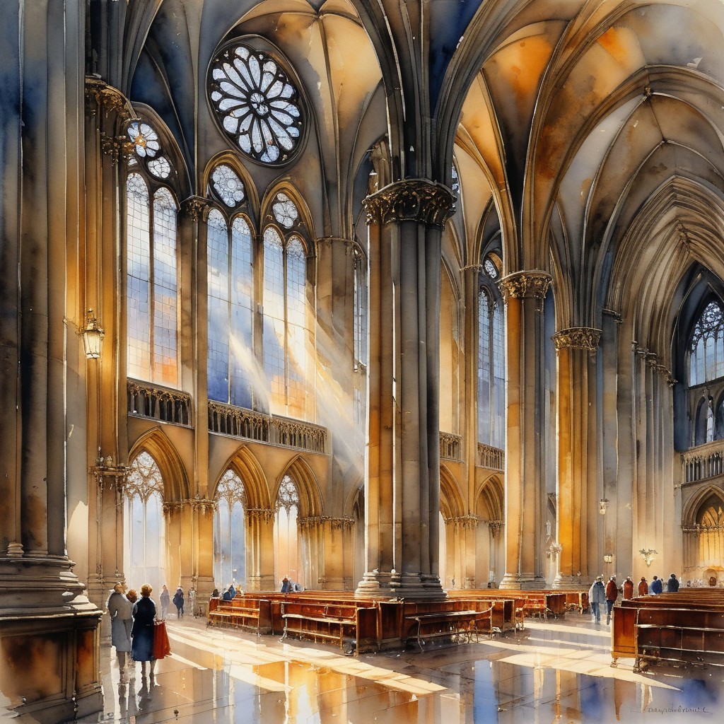 Interior of a Grand Cathedral with Stained Glass Windows