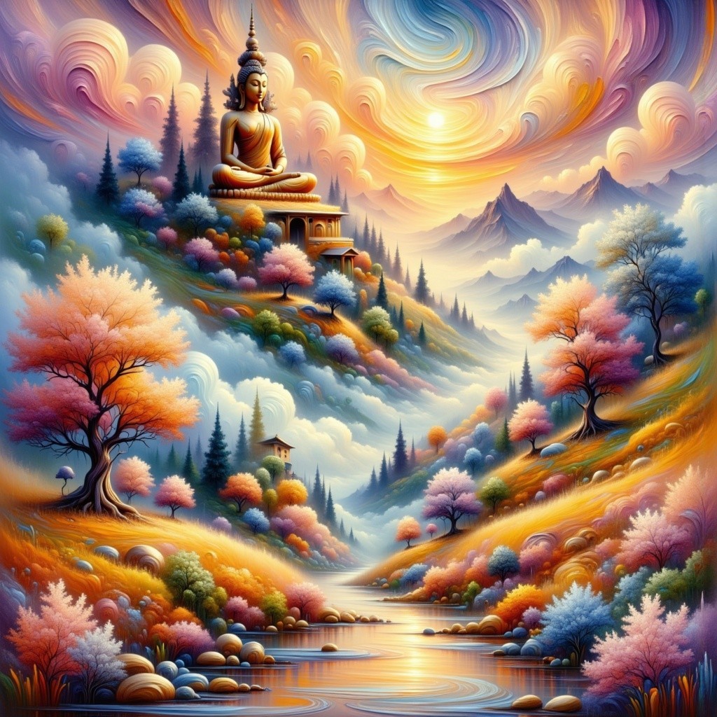 Buddha Statue in Serene Mountain Landscape with River