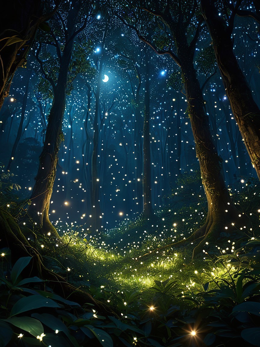 Magical Forest with Starry Night and Fireflies