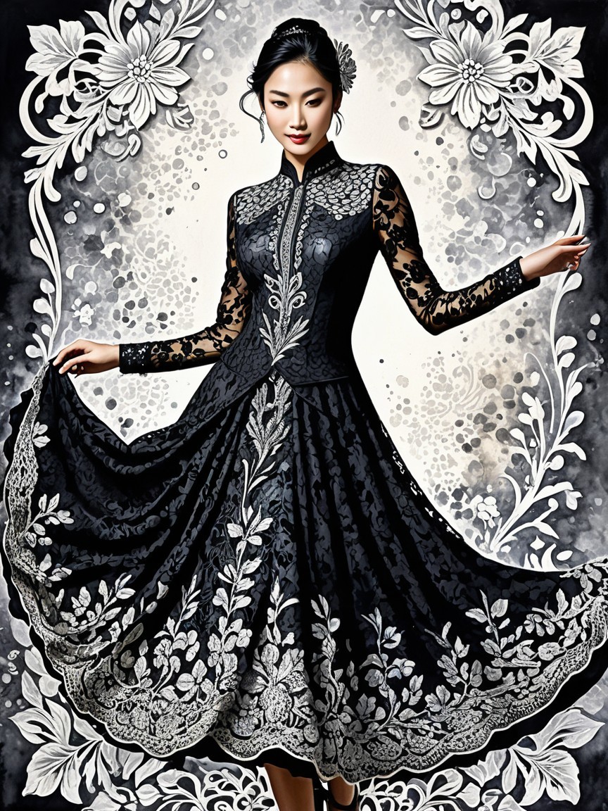 Elegant black dress with silver embroidery and lace sleeves