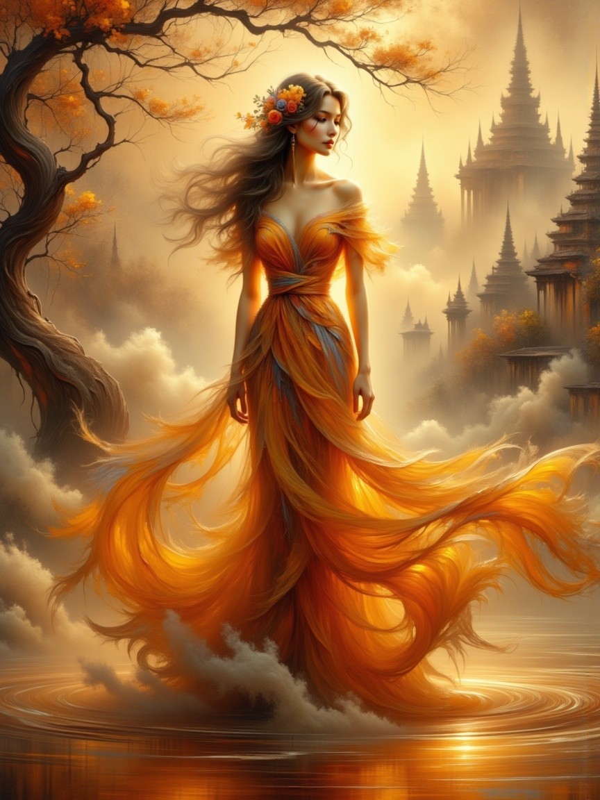 Ethereal Woman in Orange Gown Amidst Mystical Landscape