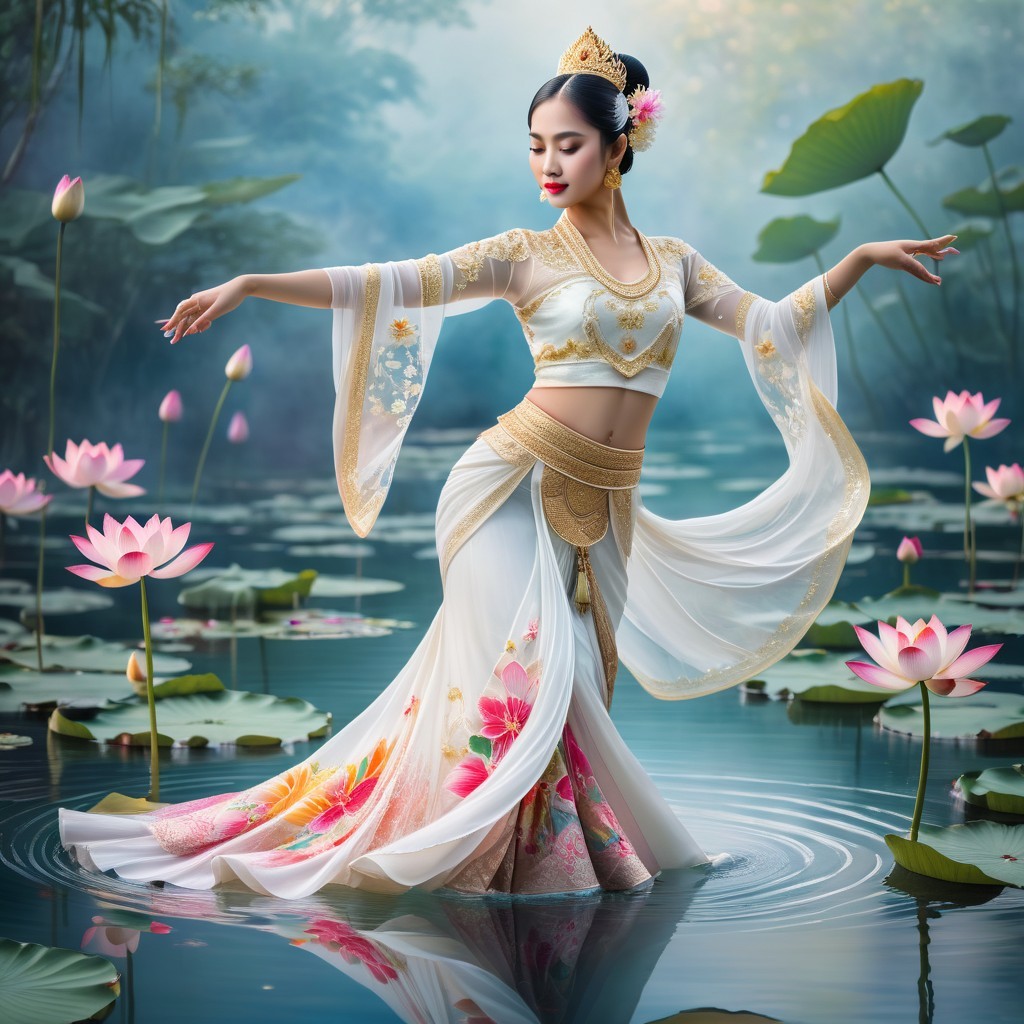 Dancer Posing in a Serene Lily Pond with Lotus Flowers