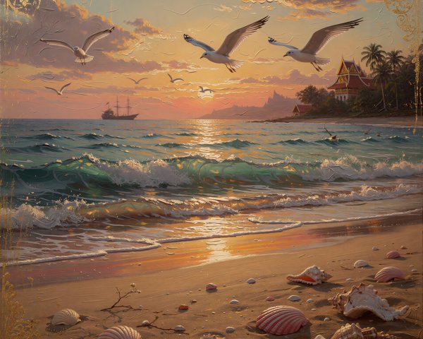 Sunset Over Tropical Beach with Ocean and Seagulls