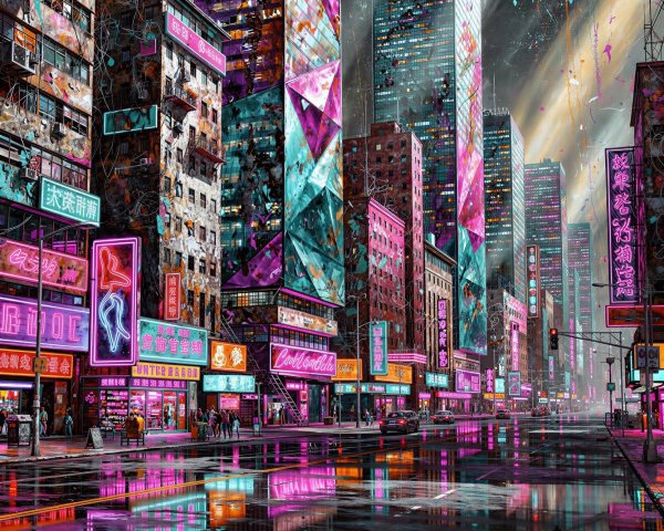 Vibrant Cyberpunk Cityscape with Neon Lights at Night