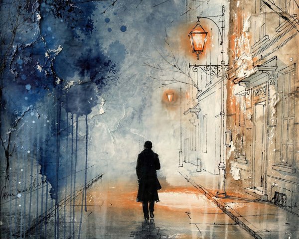 Watercolor and ink painting of a figure on a street