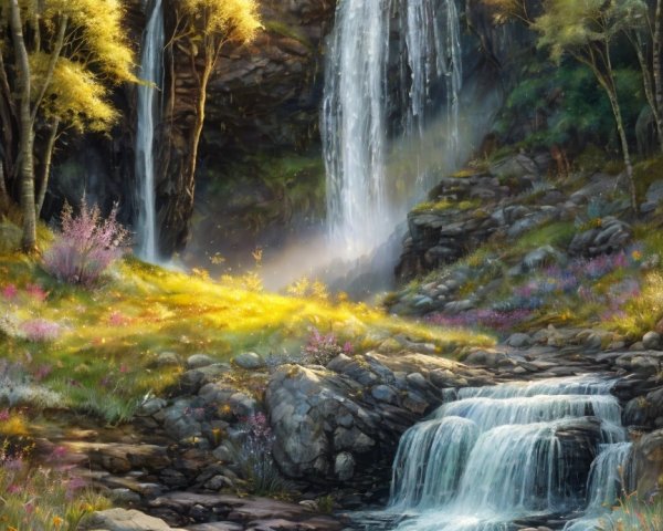 Serene Landscape with Two Cascading Waterfalls