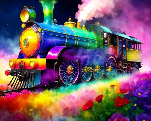 Vibrant Steam Locomotive in Colorful Mist and Flowers