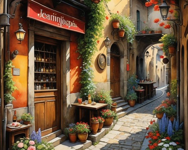 Charming Cobblestone Alleyway with Flower Pots and Shop