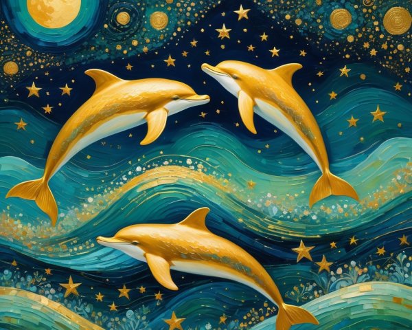 Dolphins Leaping Through Turquoise Waves at Night