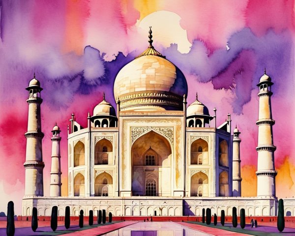 Watercolor Artwork of Taj Mahal at Sunset