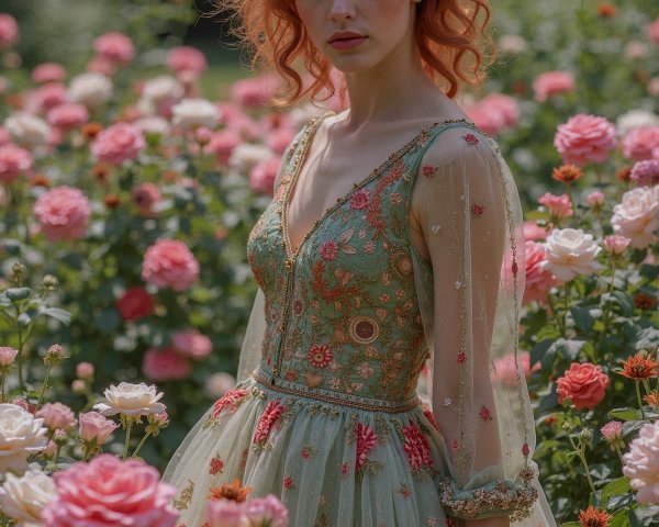 Young Woman in Embroidered Dress in Rose Garden