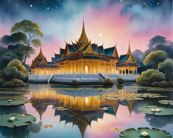 Majestic temple with spires and serene twilight sky