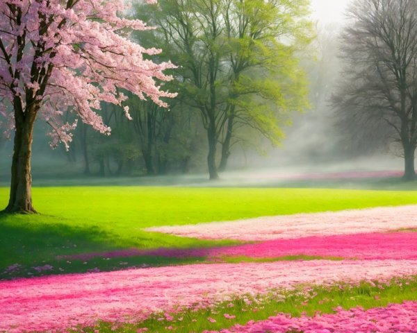 Vibrant Cherry Blossom Landscape in Springtime Mist